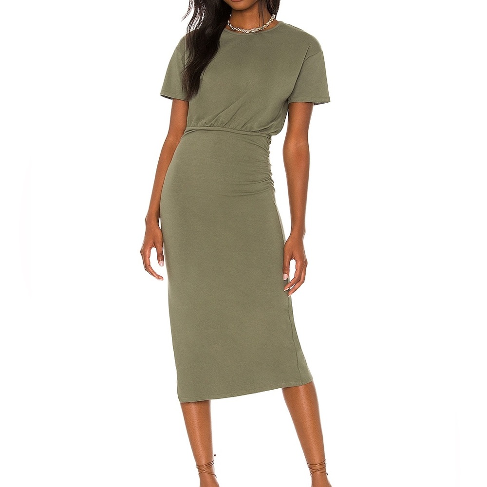 Lovers & Friends Easy Ruched Midi Dress in Olive Green - NEW - Size Medium